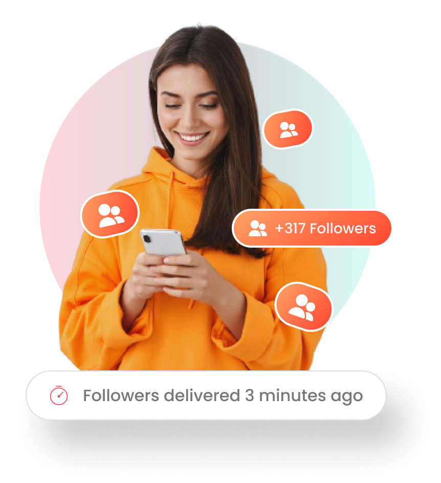 GoreAd graphic of a woman using her phone with circular metrics showing 85% Instagram account growth and 75% sales growth