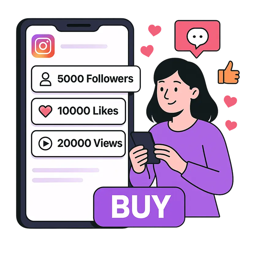 GoreAd graphic of a woman holding a phone next to a screen showing Instagram followers, likes, and views with a "BUY" button.