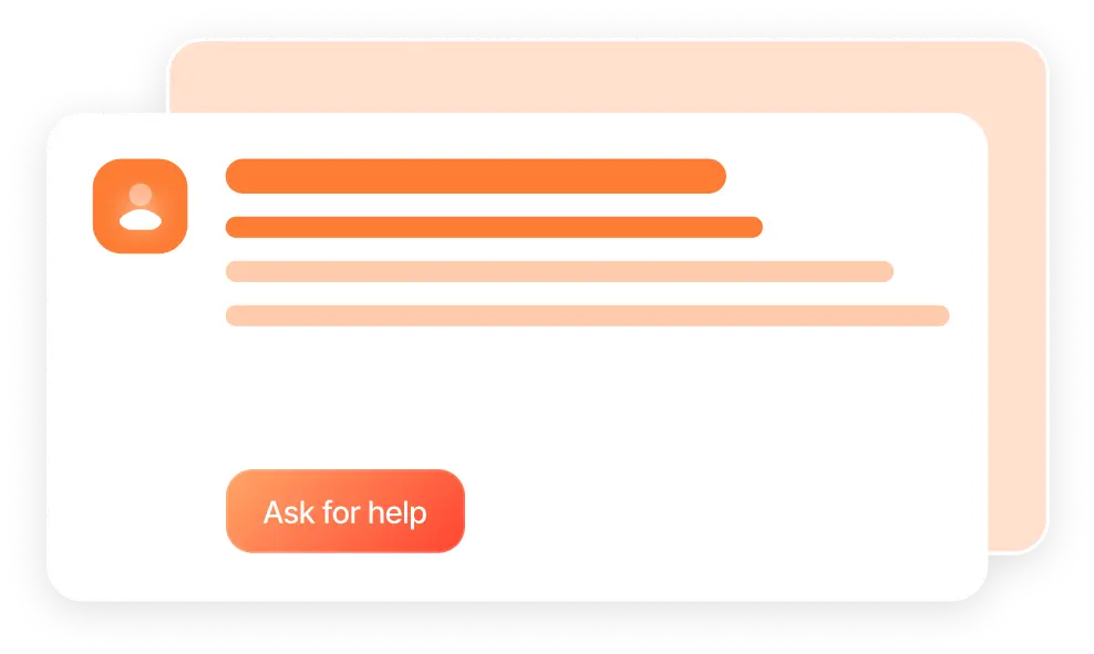 GoreAd graphic of a user profile card with placeholder text and an orange “Ask for help” button.