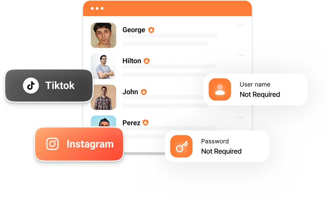 GoreAd graphic showing a user list interface with TikTok and Instagram icons and labels stating username and password "not required